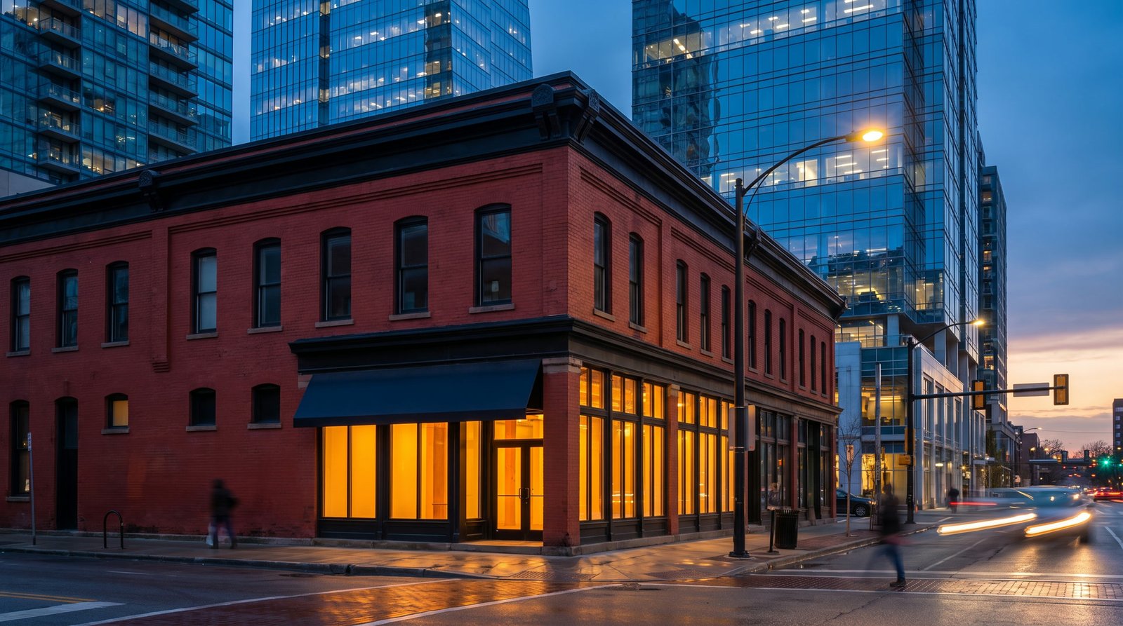 The red brick corner building on Macleod Trail at dusk, its windows glowing warm, with downtown Calgary towers rising behind it.